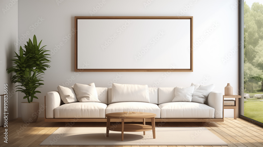 Bright and Spacious Living Room with White Sofa and Wooden Coffee Table Bright and Spacious Living Room with White Sofa and Wooden Coffee Table
