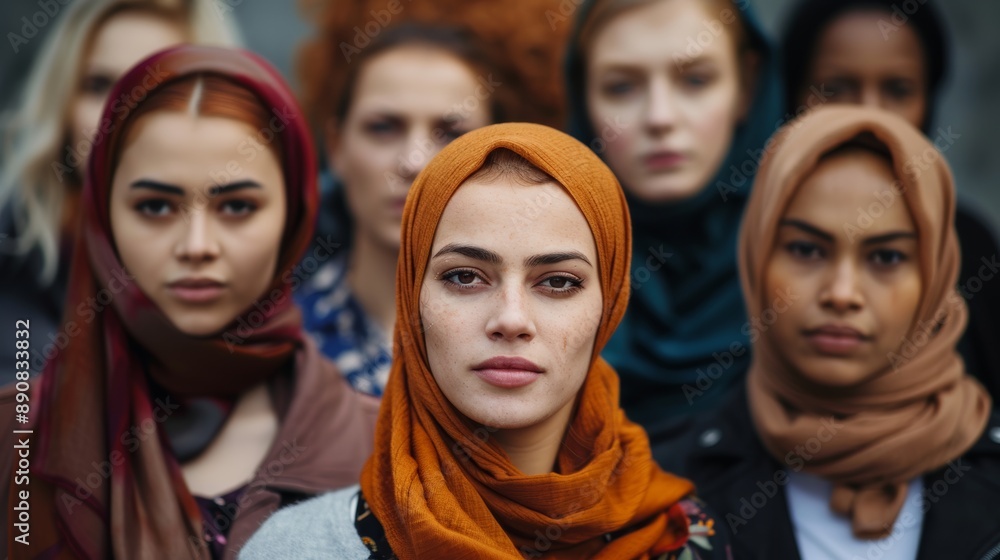 A diverse group of women wearing different colored hijabs stand closely, looking forward with determination, symbolizing unity and empowerment. A diverse group of women wearing different colored hijabs stand closely, looking forward with determination, symbolizing unity and empowerment.