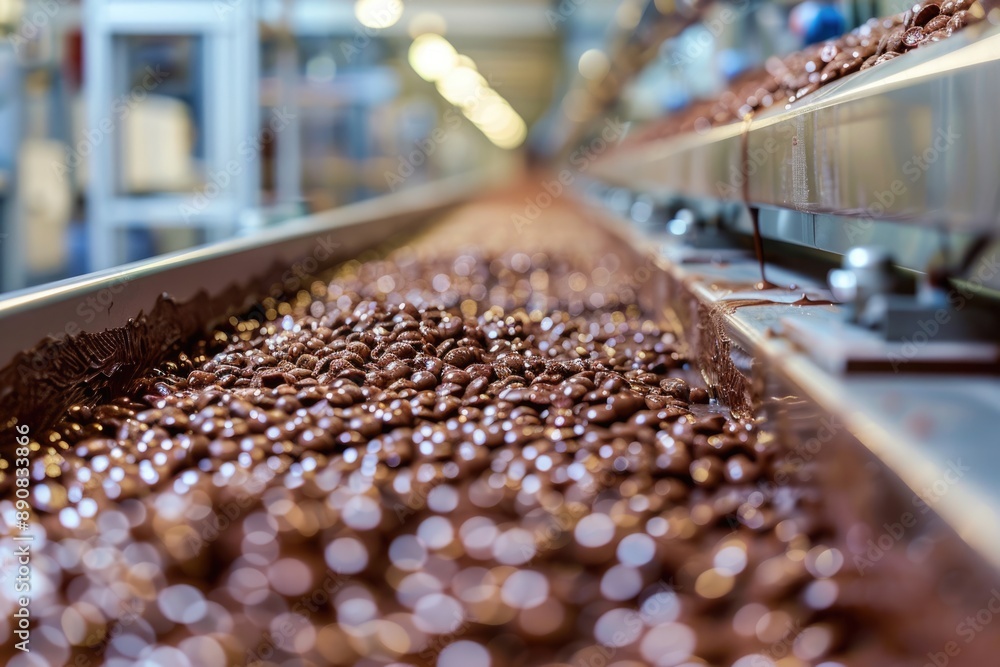 Chocolate Manufacturing: Close-Up of Candy Toppings on Confectionery Factory Conveyor Chocolate Manufacturing: Close-Up of Candy Toppings on Confectionery Factory Conveyor