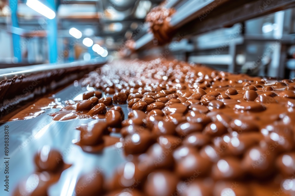 Chocolate Manufacturing: Close-up of Chocolate Toppings on Confectionery Factory Conveyor Chocolate Manufacturing: Close-up of Chocolate Toppings on Confectionery Factory Conveyor