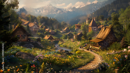 Idyllic Village Life: A Serene Community Set Amidst Nature's Beauty Under Golden Sunlight