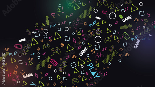 Game background with gamepad, joystick geometric pattern and graphic elements. Outline neon design vector illustration