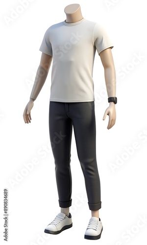 White t-shirt, black jeans, sneakers, and watch on mannequin