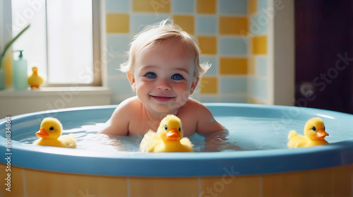 Cute little baby in bathtub playing with yellow duck toys, toddler with blue eyes, childhood fun, background