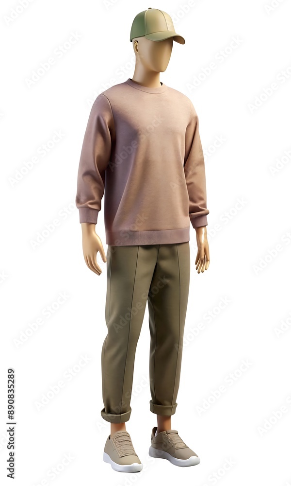 Mannequin in crewneck tee, joggers, slip-ons, baseball cap Mannequin in crewneck tee, joggers, slip-ons, baseball cap