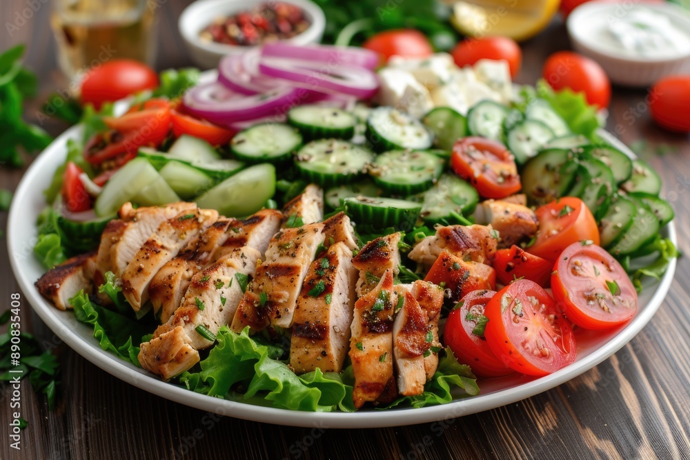 Greek Chicken Salad. Healthy and Delicious Salad with Grilled Chicken, Fresh Vegetables and Cheese Greek Chicken Salad. Healthy and Delicious Salad with Grilled Chicken, Fresh Vegetables and Cheese