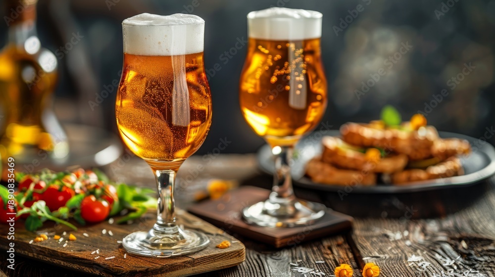Two glasses of beer with appetizers Two glasses of beer with appetizers
