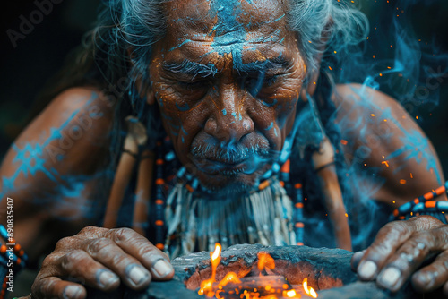 South American shaman performing a traditional fire ritual. Generative AI image