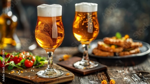 Two glasses of beer with appetizers  photo