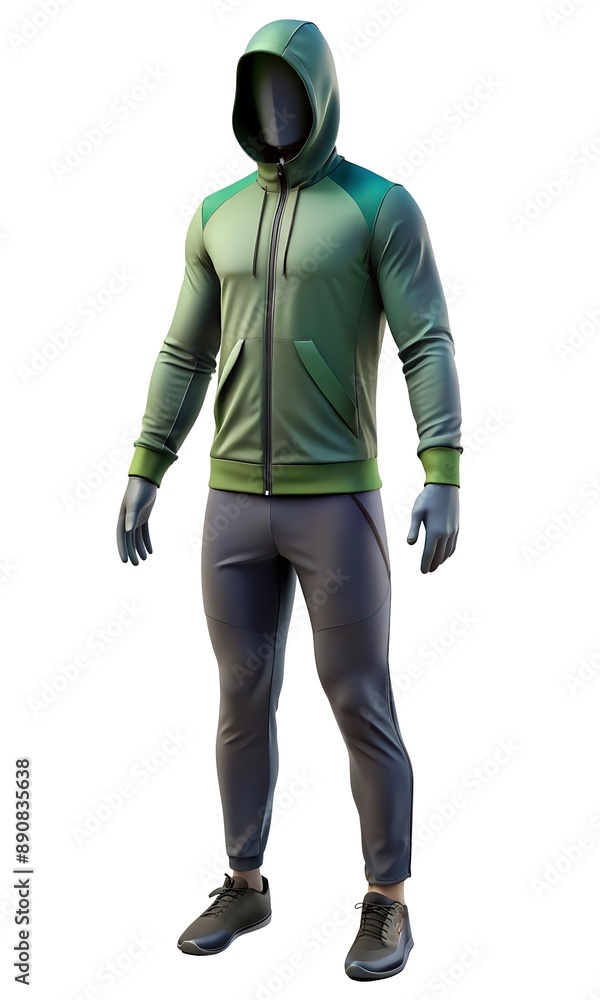 Full mannequin in moisture-wicking t-shirt, joggers, zip-up hoodie, running shoes Full mannequin in moisture-wicking t-shirt, joggers, zip-up hoodie, running shoes