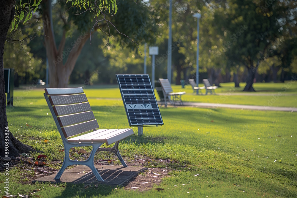 Park bench with solar panel providing wireless charging in a sunny park. Concept for renewable energy and modern urban amenities