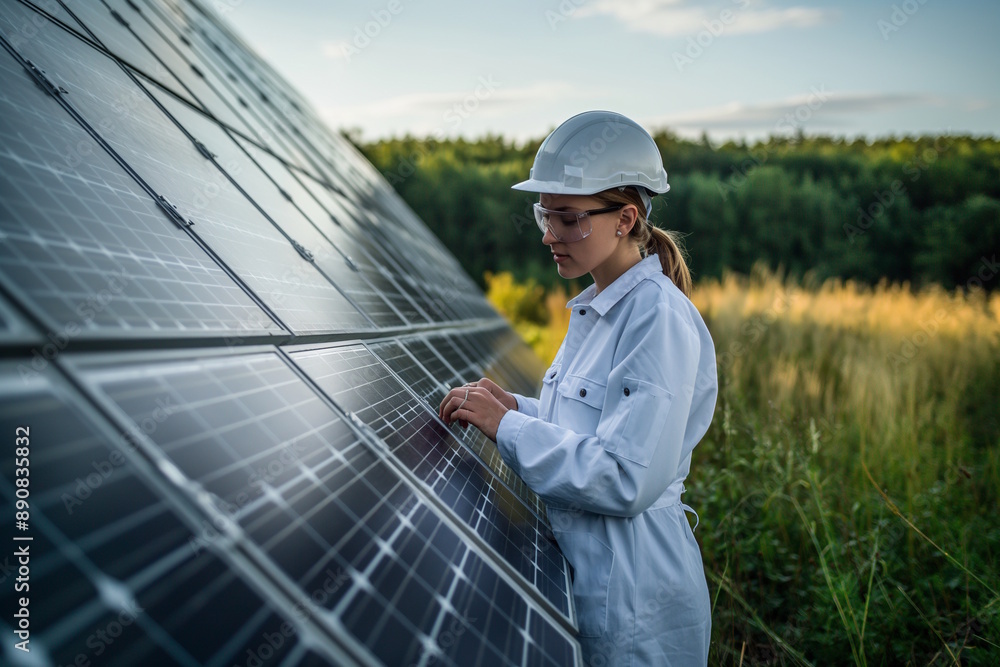 Female engineer inspecting solar panels in a field at sunset. Concept for renewable energy technology and women in engineering Female engineer inspecting solar panels in a field at sunset. Concept for renewable energy technology and women in engineering