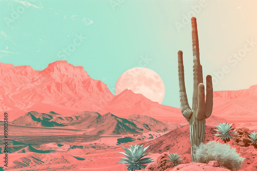 Surreal desert landscape with cactus and vibrant colors. Generative AI image