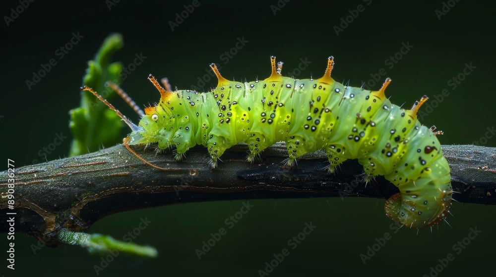 Naklejka premium Macro shot of a caterpillar on a branch. 