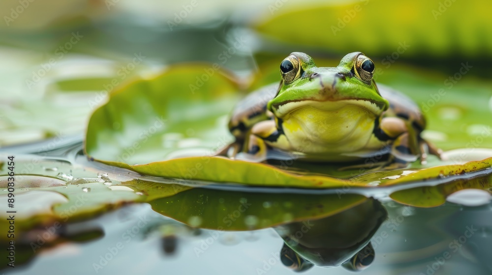 Green Frog Resting on Lily Pad in Pond Green Frog Resting on Lily Pad in Pond