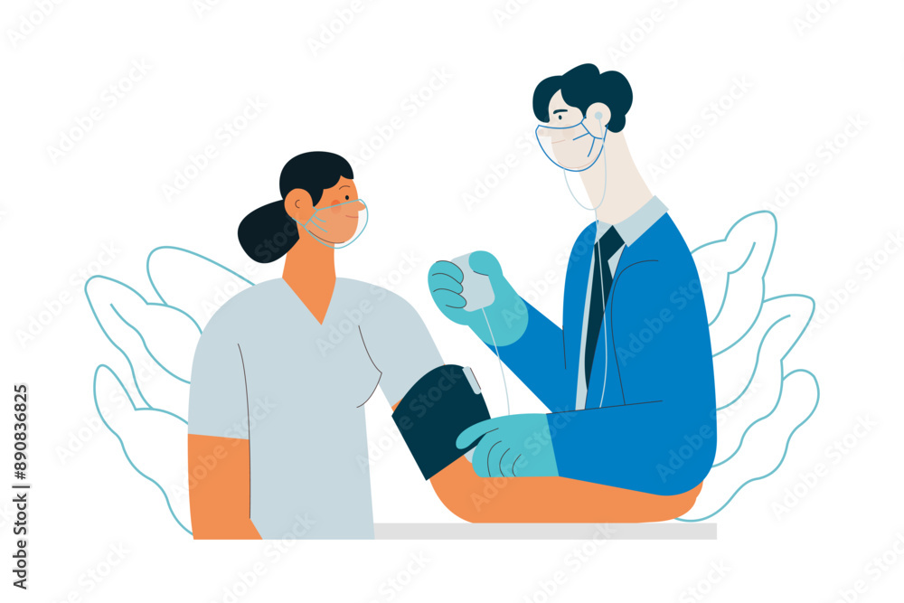 Male Doctor and Female Patient with Blood Pressure Measurement Machine in Medical Office or Laboratory. Blood Pressure Procedure. Modern Flat Vector Concept Illustration. Male Doctor and Female Patient with Blood Pressure Measurement Machine in Medical Office or Laboratory. Blood Pressure Procedure. Modern Flat Vector Concept Illustration.