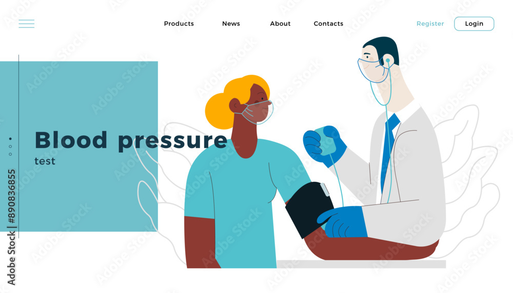 Male Doctor and Female Patient with Blood Pressure Measurement Machine in Medical Office or Laboratory. Blood Pressure Procedure. Modern Flat Vector Concept Illustration. Landing Page Design Template. Male Doctor and Female Patient with Blood Pressure Measurement Machine in Medical Office or Laboratory. Blood Pressure Procedure. Modern Flat Vector Concept Illustration. Landing Page Design Template.