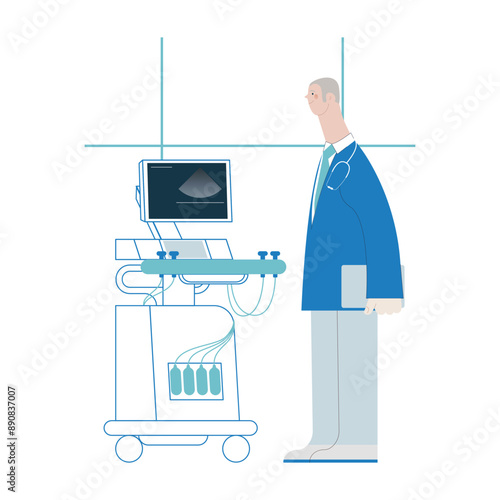 Ultrasonography Scanner. Standing Male Medical Specialist near Scanner in Medical Office or Laboratory. Medical Equipment. Modern Flat Vector Concept Illustration.