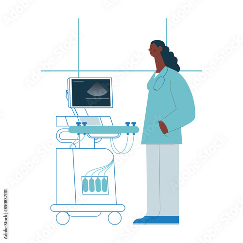 Ultrasonography Scanner. Standing Female Medical Specialist near Scanner in Medical Office or Laboratory. Medical Equipment. Modern Flat Vector Concept Illustration.