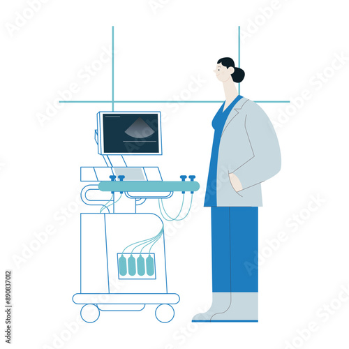 Ultrasonography Scanner. Standing Female Medical Specialist near Scanner in Medical Office or Laboratory. Medical Equipment. Modern Flat Vector Concept Illustration.