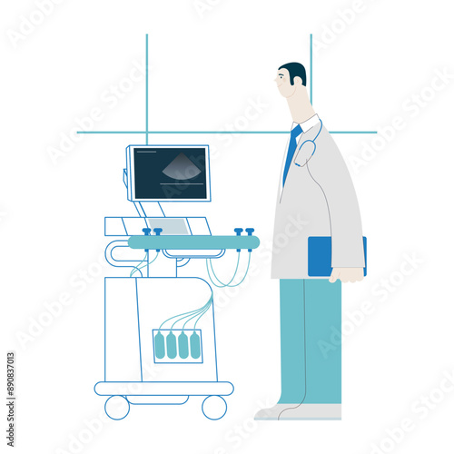 Ultrasonography Scanner. Standing Male Medical Specialist near Scanner in Medical Office or Laboratory. Medical Equipment. Modern Flat Vector Concept Illustration.