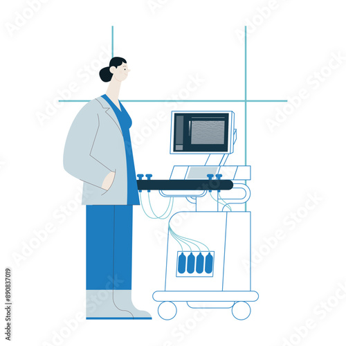 Ultrasonography Scanner. Standing Female Medical Specialist near Scanner in Medical Office or Laboratory. Medical Equipment. Modern Flat Vector Concept Illustration.