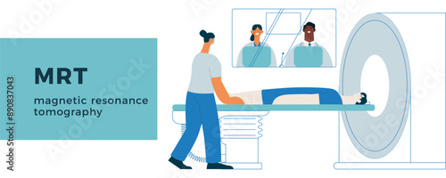 Magnetic Resonance Tomography. MRI procedure. Patient in the Scanner, Nurse, Medical Specialists in Laboratory. Medical Equipment. Modern Vector Illustration. Website Banner.