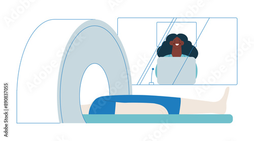 Magnetic Resonance Tomography. MRI procedure. Patient in the Scanner, Female Medical Specialist in Laboratory. Medical Equipment. Modern Flat Vector Illustration. 