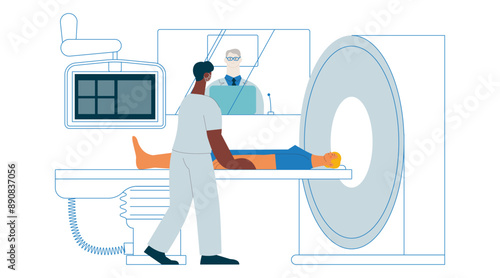Magnetic Resonance Tomography. MRI procedure. Patient in the Scanner, Nurse, Medical Specialist in Laboratory. Medical Equipment. Modern Vector Illustration. 