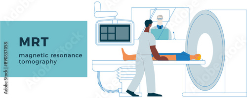 Magnetic Resonance Tomography. MRI procedure. Patient in the Scanner, Nurse, Medical Specialist in Laboratory. Medical Equipment. Modern Vector Illustration. Website Banner.