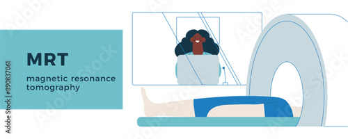 Magnetic Resonance Tomography. MRI procedure. Patient in the Scanner, Female Medical Specialist in Laboratory. Medical Equipment. Modern Flat Vector Illustration. Website Banner.