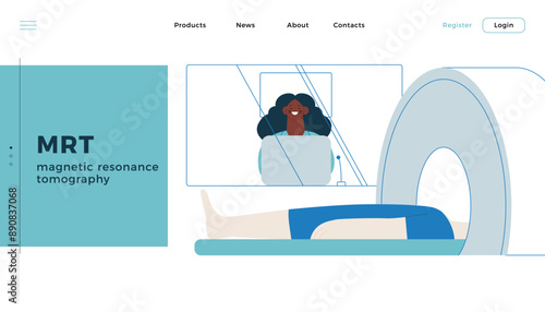 Magnetic Resonance Tomography. MRI procedure. Patient in the Scanner, Female Medical Specialist in Laboratory. Medical Equipment. Modern Flat Vector Illustration. Landing Page Design Template.
