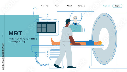 Magnetic Resonance Tomography. MRI procedure. Patient in the Scanner, Nurse, Medical Specialist in Laboratory. Medical Equipment. Modern Vector Illustration. Landing Page Template. Website Banner.