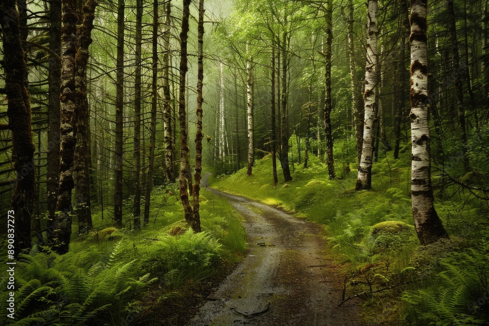 Fototapeta premium Alaskan Forest Path through Rainforest with Wet Dirtied Ground