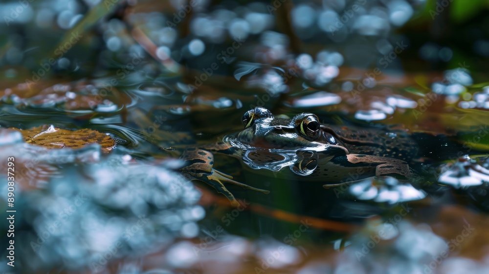 Macro shot of a tiny frog in a pond. 