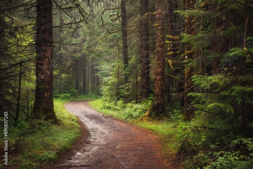 Alaskan Forest Path: Lush Rainforest Trail with Damp Earth and Tree Canopy