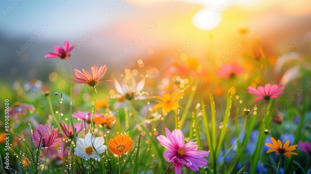 Colorful Wildflowers Blooming in a Meadow at Sunrise Colorful Wildflowers Blooming in a Meadow at Sunrise