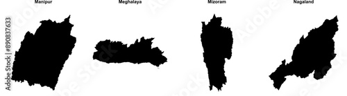 Manipur, Meghalaya, Mizoram, Nagaland outline maps