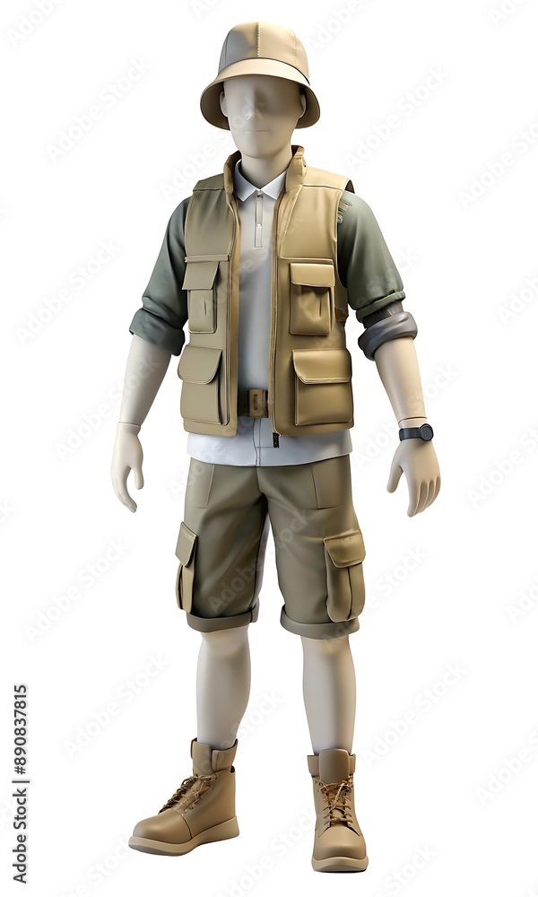 Mannequin in utility vest, long-sleeve shirt, cargo shorts, trail sneakers Mannequin in utility vest, long-sleeve shirt, cargo shorts, trail sneakers