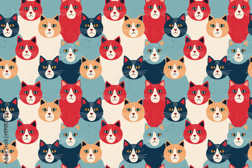 Seamless pattern with funny hand-drawn cats. Animals vector illustration with adorable pets. Tileable background for your fabric, textile design, wrapping, backdrop 