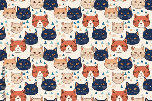 Seamless pattern with funny hand-drawn cats. Animals vector illustration with adorable pets. Tileable background for your fabric, textile design, wrapping, backdrop 