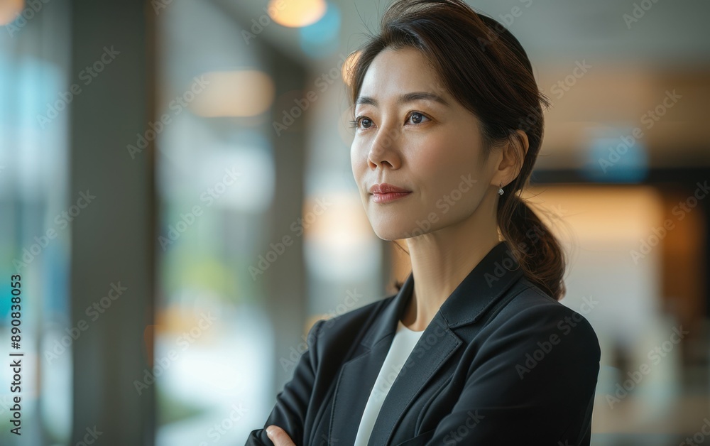 A successful businesswoman stands in a modern office building, arms crossed, looking confidently out of a large window A successful businesswoman stands in a modern office building, arms crossed, looking confidently out of a large window