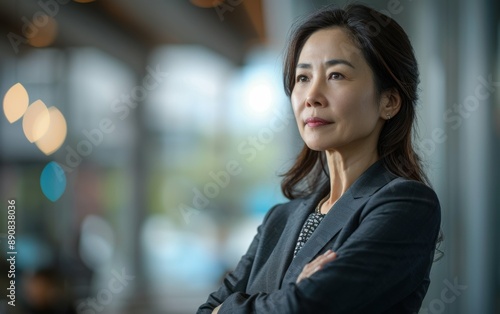Free Download A mature businesswoman stands in a modern office, arms crossed, looking thoughtfully off to the side - GFXLoad