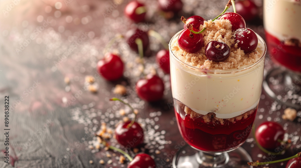 A sophisticated dessert setup featuring elegant cookies with cherries, presented in tall, clear glass, showing its creamy layers with a vibrant cherry compote at the bottom. A sophisticated dessert setup featuring elegant cookies with cherries, presented in tall, clear glass, showing its creamy layers with a vibrant cherry compote at the bottom.