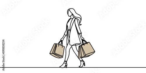 Continuous one line drawing of a woman holding paper bags after shopping