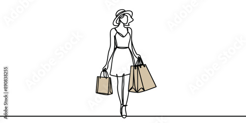 Continuous one line drawing of a woman holding paper bags after shopping