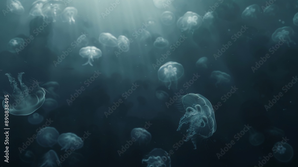 Obraz premium A Dense Swarm of Jellyfish Drifting Through Deep Ocean Water