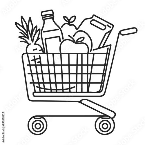 One continuous line drawing grocery cart. Shopping in hypermarket concept.