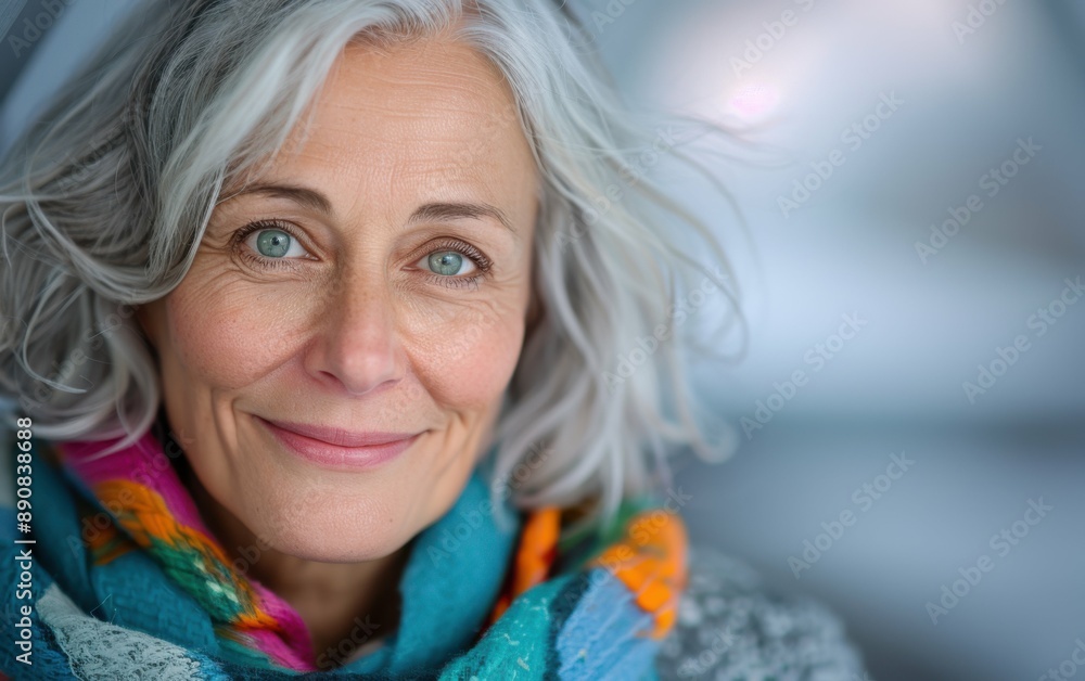 A mature woman with grey hair smiles and looks at the camera. She is wearing a colorful scarf around her neck A mature woman with grey hair smiles and looks at the camera. She is wearing a colorful scarf around her neck