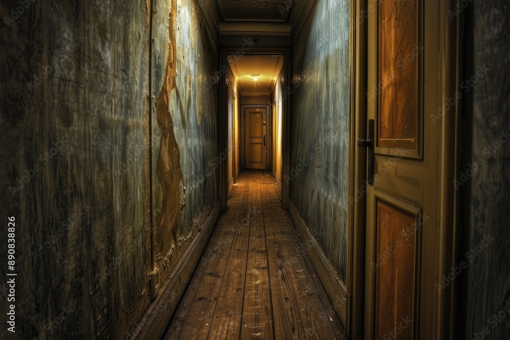 Narrow Hallway of Horror: Ghostly Haunted Hotel with Scarey Door Narrow Hallway of Horror: Ghostly Haunted Hotel with Scarey Door